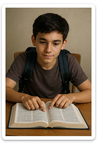 A student with a backpack, sitting at a desk, focused on an open English dictionary, hopeful expression, eager to improve, no speech bubbles or text sticker