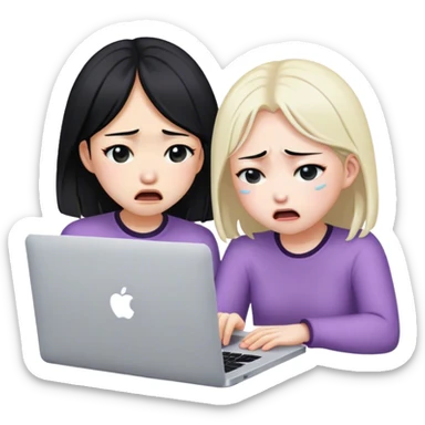 two asian girls crying in front of macbook sticker
