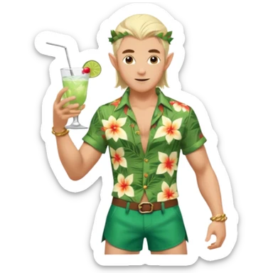elf male legolas Unbuttoned Hawaiian shirt, swim trunks, shaking a cocktail shaker (sparks flying) sticker