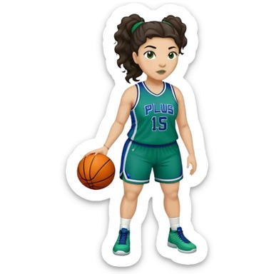 full body plus size light skin latino women basketball player with wavy dark hair in pony tail wide nose wearing blue green  uniform sticker