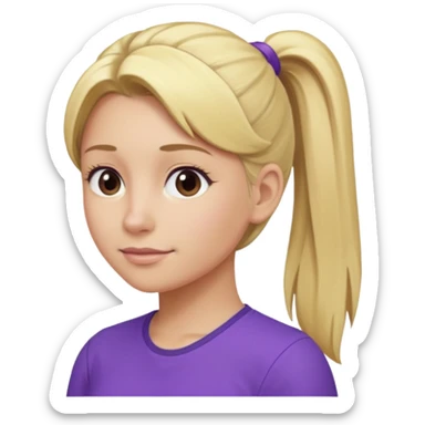 Blond woman with pony tail and purple shirt sticker