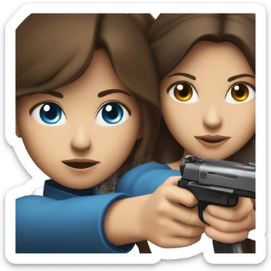 Blue-eyed brunette taking aim with a brown-eyed brunette sticker