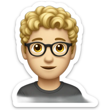 a fair-skinned boy with short-cut sides and a curly top with white glasses and a black cat iOS emoji sticker