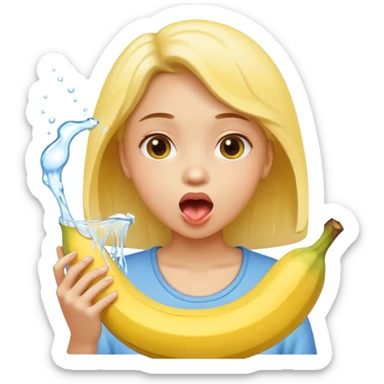a girl rinsing mouth with pale yellow water coming out from a banana sticker