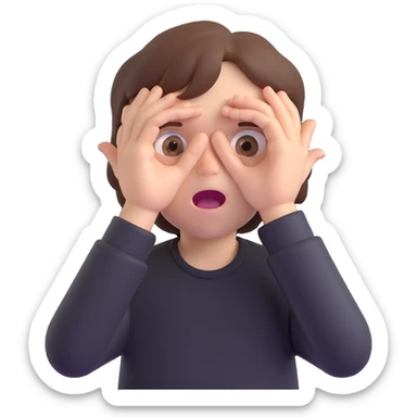 front emoji of a white boy with brown hair, wide open eyes, wide open mouth, hands covering his eyes, wearing a black shirt sticker
