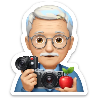 elderly person with short gray hair, short gray beard, round glasses, holding a camera, Apple emoji style sticker