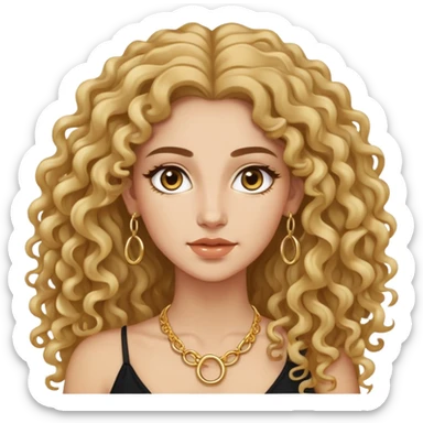 attractive Greek woman with long curly hair and light skin wearing gold hoop earrings and a small gold necklace sticker
