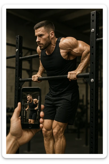 uomo che fa Muscle up e si sta filmando di lato con il telefonino che lo riprende mentre si allena, così da analizzarsi dopo sticker