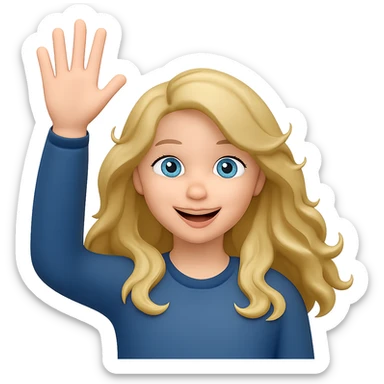 Make her eyes blue, keep her as an 18 year old girl with long, wavy, dirty blonde hair waving, emoji style, cheerful expression, with no background sticker