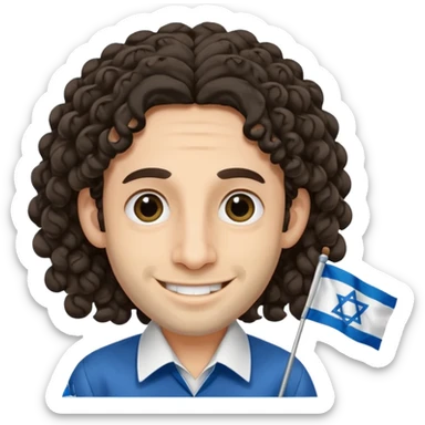 jewish jew man's face, wearing a tiny black kippah and 2 curly long hair strands near the ears, big nose, only face, no body, no mustache, holding israel flag sticker
