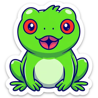 Exaggerated cartoony green frog with big bulging cross-eyes and long tongue sticking out, comic-style with silly expression sticker