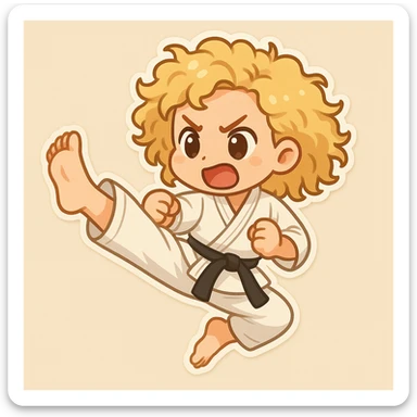 Full length shot of a blonde curly haired woman doing a karate kick, cartoon emoji style with a simple background, in chibi stickers style. sticker