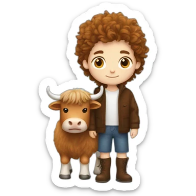 White brunette boy with fluffy highland cow sticker