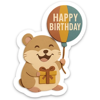 Add a ribbon to the gift box the hamster is holding, keep the happy expression and colorful balloon with 'Happy Birthday' text sticker