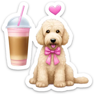 golden doodle with pink bow sipping iced coffee  sticker