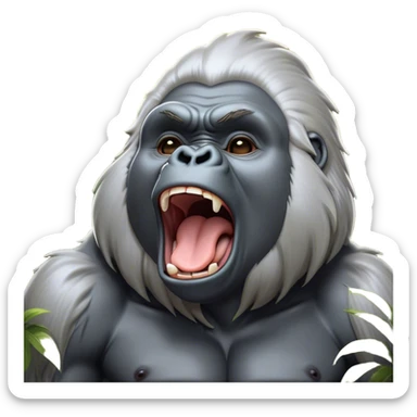 Cinematic Cute Yawning Silverback Gorilla Portrait Emoji, Head tilted slightly with a dramatic, wide-open yawn, showcasing a formidable build with a silvery mane and drowsy, half-closed eyes, Simplified yet irresistibly adorable features, highly detailed, glowing with a soft, cozy jungle glow, high shine, relaxed yet expressive, stylized with a dash of whimsical primate charm, soft glowing outline, capturing the essence of a drowsy yet affectionate guardian that appears ready to stretch out for a nap! sticker