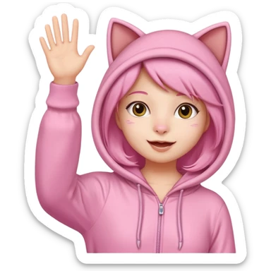 Girl in pink cat onesie waving happily sticker