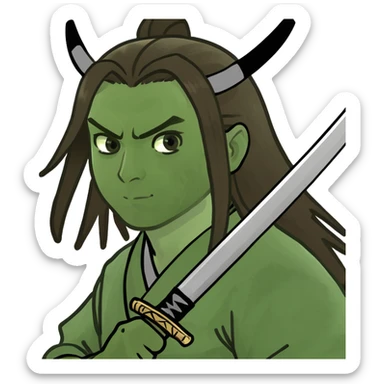 A boy with long hair that’s brown as a samurai with a katana sticker