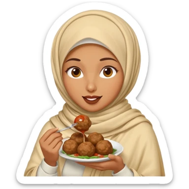 woman wearing a cream colored pashmina hijab eating meatballs sticker