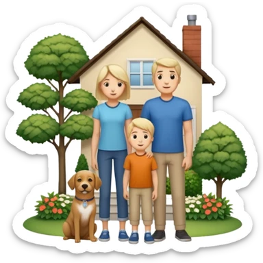 1 Father 1 Mother and 1 young BOY who is half as tall as the parents, standing in front of their house with a dog next to them. Everyone should look VERY happy. There MUST be a house behind them with trees and plants sticker