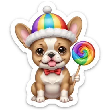 baby french bulldog wearing a propeller hat and holding a comically large rainbow lollipop  sticker