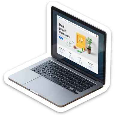 an open laptop with an online course on screen, skeuomorphism style, shiny metal, realistic shadows, tactile buttons, educational graphics sticker