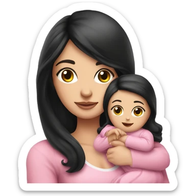 Beautiful Russian lady very long black hair pink clothes holding baby  sticker