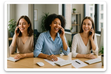 Three girls, each at their own desk in separate offices, talking on the phone to one another, visible office elements like computers and windows, relaxed lunch break atmosphere, modern office backgrounds, business casual attire, cheerful and connected vibe. sticker