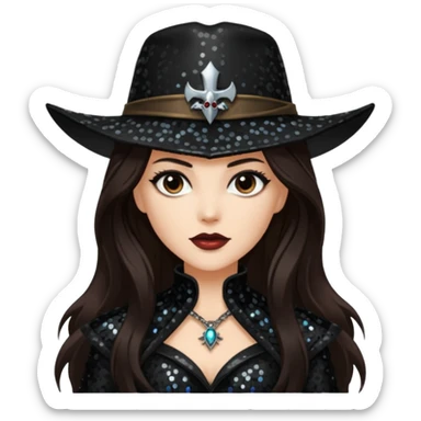 Van Helsing from Dracula with long dark brown hair, black sequin outfit sticker