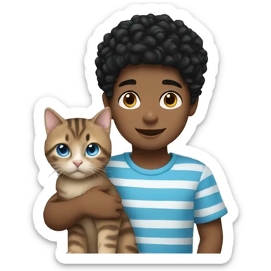 boy with curly black hair with blue eyes holding a tabby cat sticker