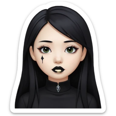 goth Asian girl, straight long black hair, lip piercing, black mock neck shirt sticker