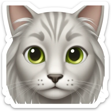 cat with long hair, white hair on snout and in between eyes, gray hair on ears and cheeks, light green eyes sticker