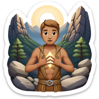 mountain crossroads with rocks  two trails—one illuminated,, and one shrouded in darkness, representing reaction. with hands on chest sticker