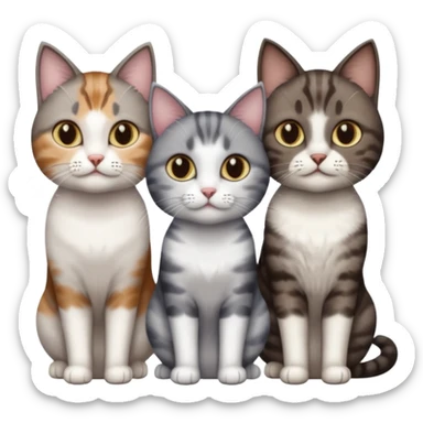 3 different coloured short haired cats including; a dark brown tabby and white cat, and a dark grey and white  sticker