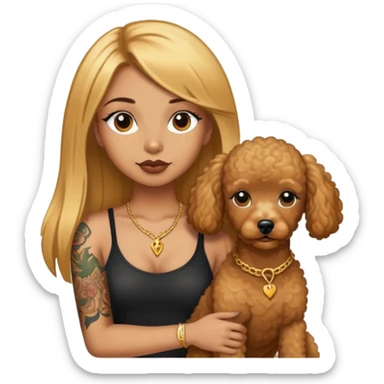 a  girl with glod  straight hair and tattoos and two brown poodle  sticker