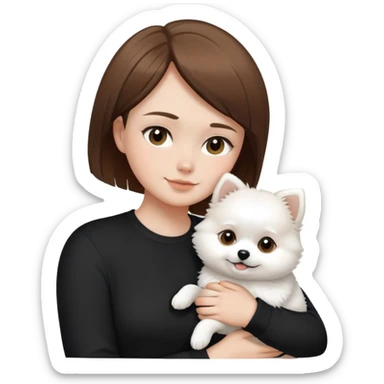 shorthair girl with black shirt  with husband brown hair brown eyes hugging white Pomeranian sticker