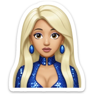 Cardi B with tan skin, long white blonde hair, indigo sequin outfit sticker