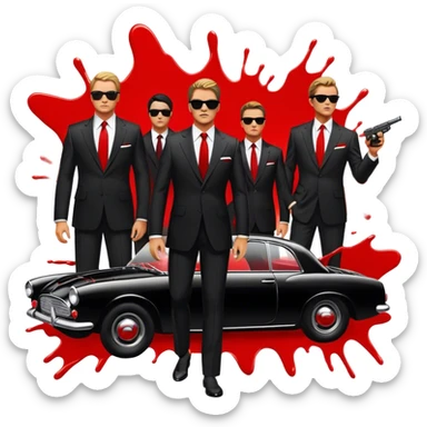 Icon for 'Reservoir Dogs' Movie: Silhouettes of characters in suits with sunglasses, dramatic lighting, a bullet-riddled car, and red splashes symbolizing chaos. Vintage, bold cinematic style with high contrast. Transparent background. sticker