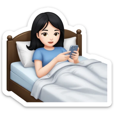 Girl with black hair, white, laying In bed using phone  sticker