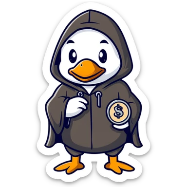 A cool duck wearing a black hooded cloak holding a silver coin sticker