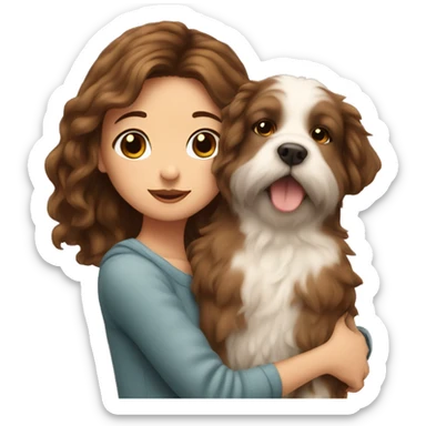 beautiful girl with brown hair kissing her fluffy dog sticker