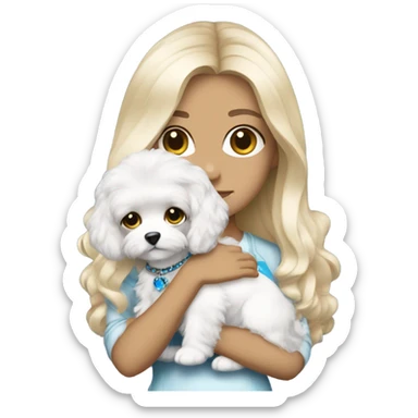 Cute long haired Blonde nightclub outfit girl with blue eyes and holding white cavachon dog sticker