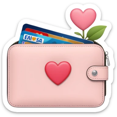 Pale Pink cute Wallet with heart charm, credit cards inside and flowers growing from it, clean aesthetic sticker