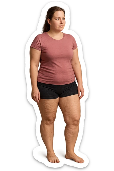 donna con inestetismi evidenti cellulite non troppo grassa e giovani sui 30 anni. in pantaloncini sticker