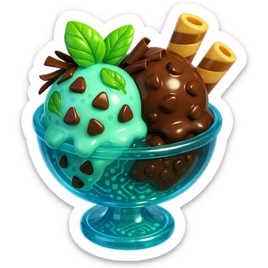 Add extra toppings: chocolate shavings, extra wafer sticks, and mint leaves to the 3D glossy mint and chocolate chip sundae, with shiny highlights. No background. sticker