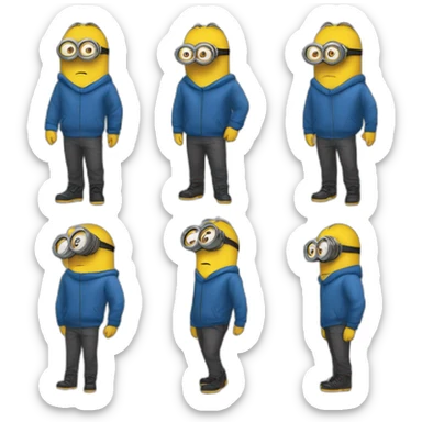 minion blue hood blue shirt gray pants with gold insert belt leather shoes black mask on face three stripes claw marks glasses angry glance sticker