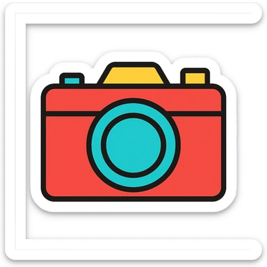 camera, flat color icon style, bold shapes, clean outline, minimal details sticker