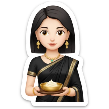 Russian girl in Indian black saree with full image from head to leg and holding a cream colour small tray in her both hands sticker
