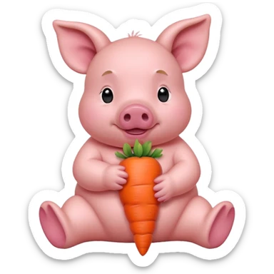 Baby Sitting Piglet – chubby piglet sitting down holding a toy carrot sticker