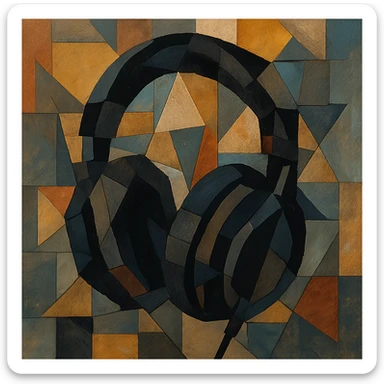 black gothic headphones with fragmented shapes and dark accents in cubist abstraction style sticker